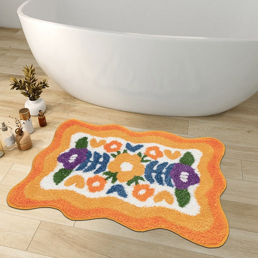 Skorter | Colorful Flower Bathroom Mat, Orange Flora Soft Bathroom Rug, Woven Bath Mat, Purple Tulip Water-Absorbent Non-Slip Bath Mat