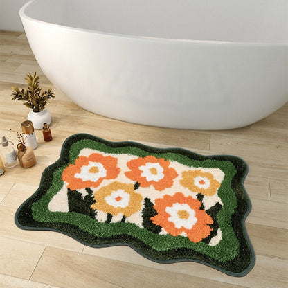 Skorter | Colorful Flower Bathroom Mat, Orange Flora Soft Bathroom Rug, Woven Bath Mat, Purple Tulip Water-Absorbent Non-Slip Bath Mat