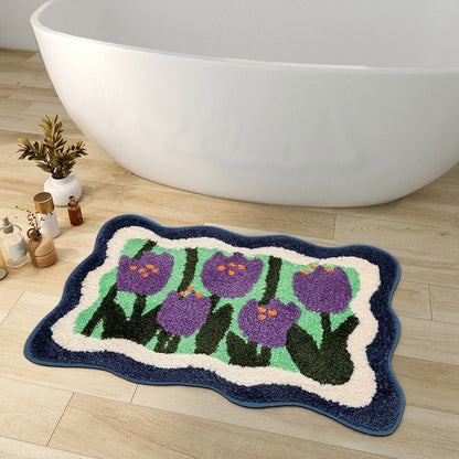 Skorter | Colorful Flower Bathroom Mat, Orange Flora Soft Bathroom Rug, Woven Bath Mat, Purple Tulip Water-Absorbent Non-Slip Bath Mat