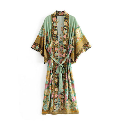 Skorter | Cotton Kimono Boho Vintage Cotton Peacock Flower Pattern Print Belt Women Bohemian V Neck Bat Sleeve Robe Kimono, Gift for Her