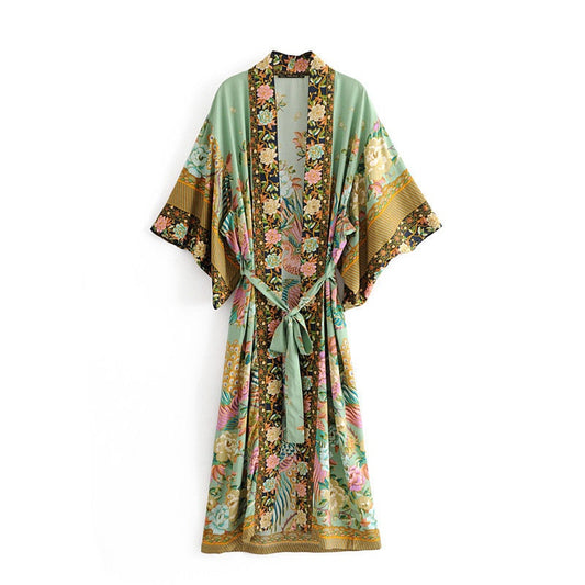 Skorter | Cotton Kimono Boho Vintage Cotton Peacock Flower Pattern Print Belt Women Bohemian V Neck Bat Sleeve Robe Kimono, Gift for Her