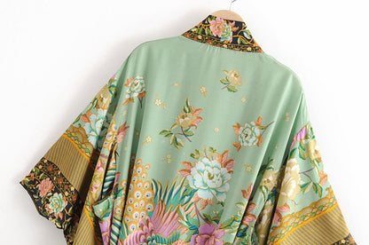 Skorter | Cotton Kimono Boho Vintage Cotton Peacock Flower Pattern Print Belt Women Bohemian V Neck Bat Sleeve Robe Kimono, Gift for Her