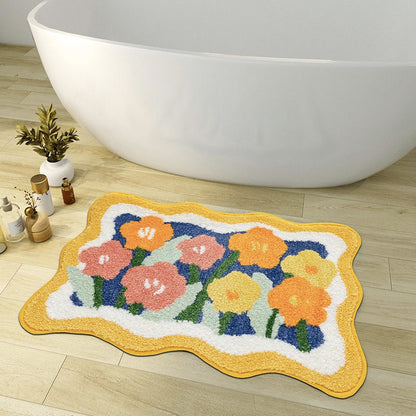 Skorter | Colorful Flower Bathroom Mat, Orange Flora Soft Bathroom Rug, Woven Bath Mat, Purple Tulip Water-Absorbent Non-Slip Bath Mat