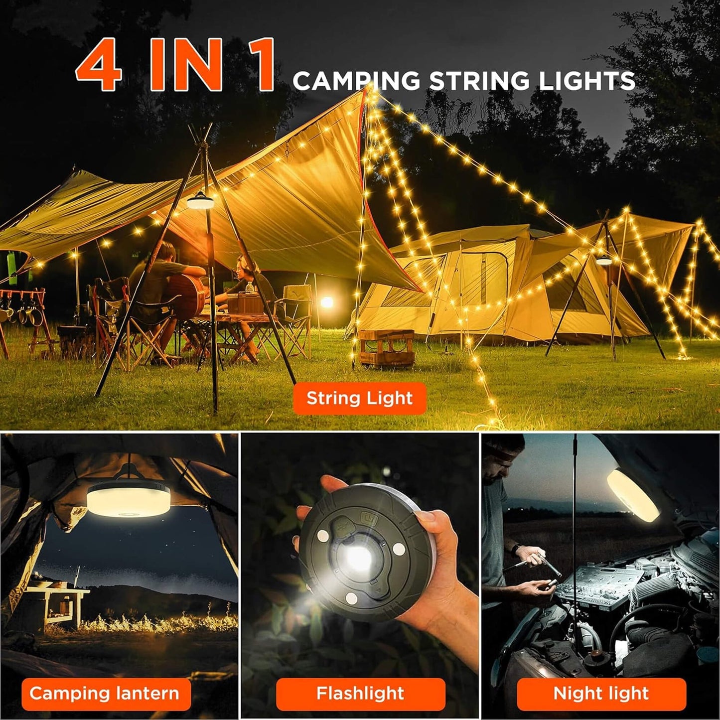 Skorter | 4 in 1 Camp Light – Portable Camping Lantern, String Lights with 8 Lighting Modes, Rechargeable Power Bank for Outdoor Adventures