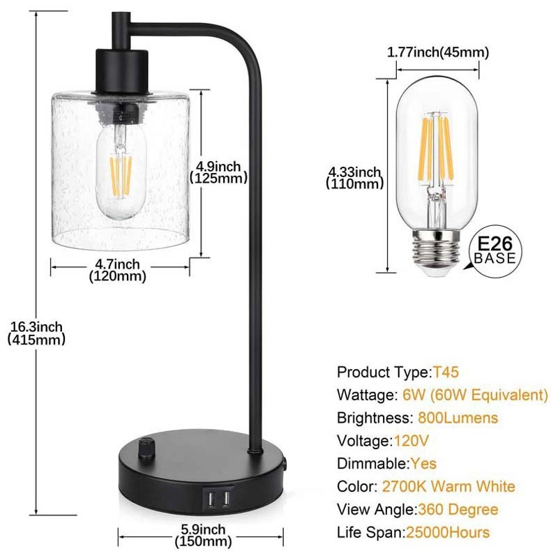 Skorter | Industrial Bed Lamp - 3-Stage Dimmer Lamp with USB Nightstand Lamp and Glass Dome