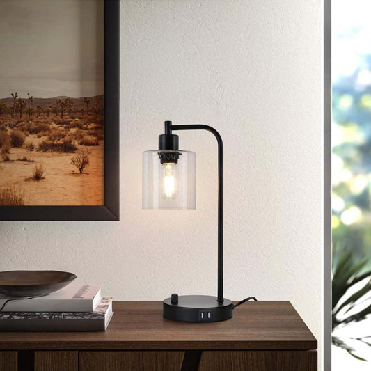 Skorter | Industrial Bed Lamp - 3-Stage Dimmer Lamp with USB Nightstand Lamp and Glass Dome