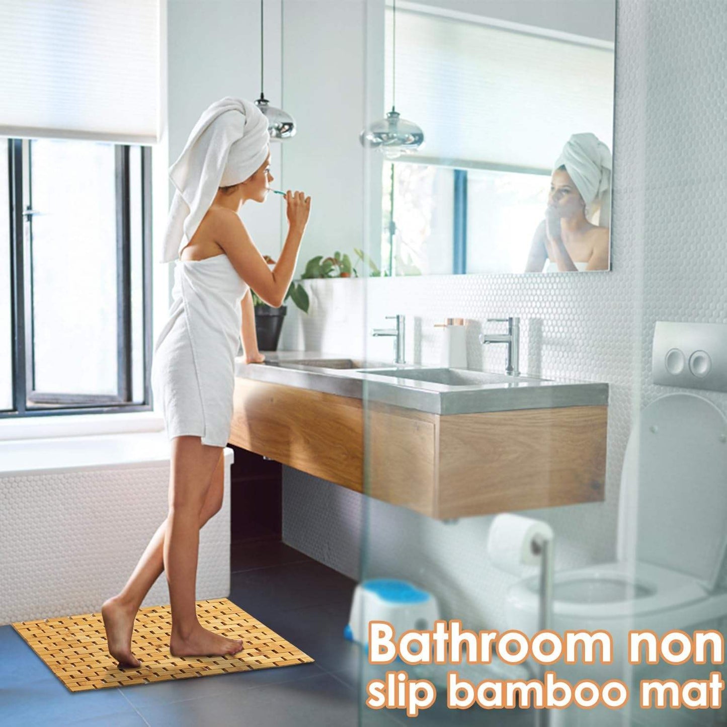 Skorter | Bamboo Bath Mat Non-Slip Water Repellent Runner Rug For Bathroom Natural Wood Bathroom Shower Rug Non-Slip Fabric