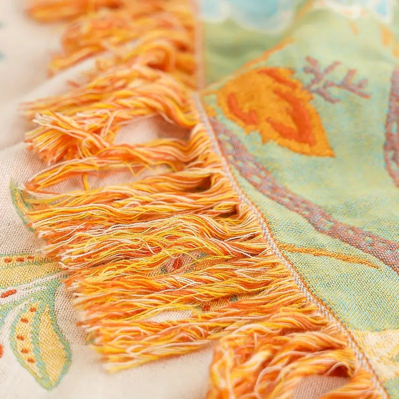 Skorter | Boho Floral Cotton Throw Blanket with Fringe – Cream & Orange