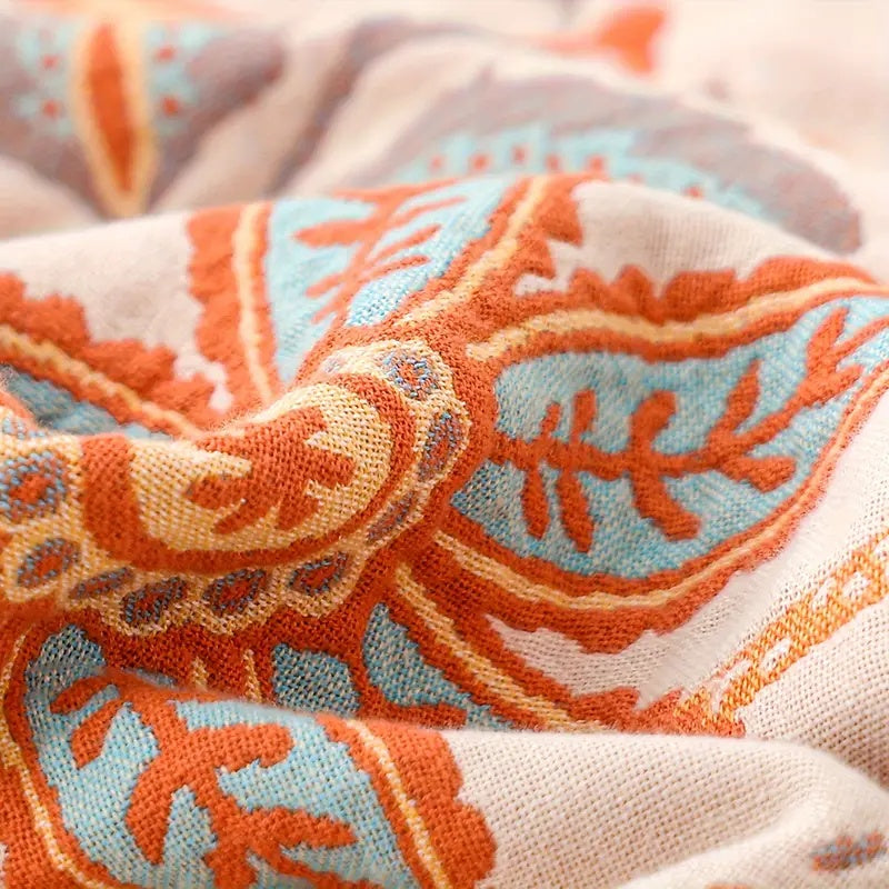 Skorter | Boho Floral Cotton Throw Blanket with Fringe – Cream & Orange