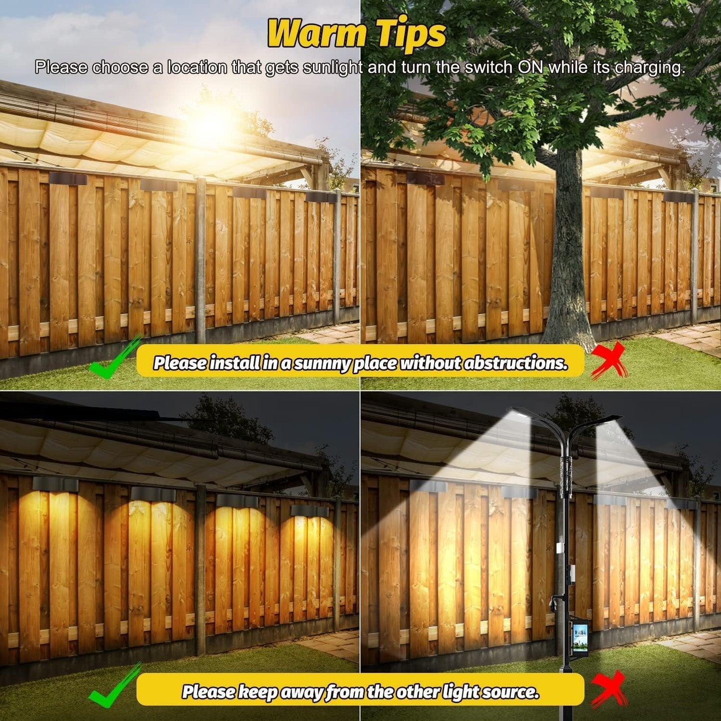 Skorter | Solar fence lights outdoor wall lights Waterproof IP65, Warm white & RGB 8 specific fixed colors for fence wall step deck patio