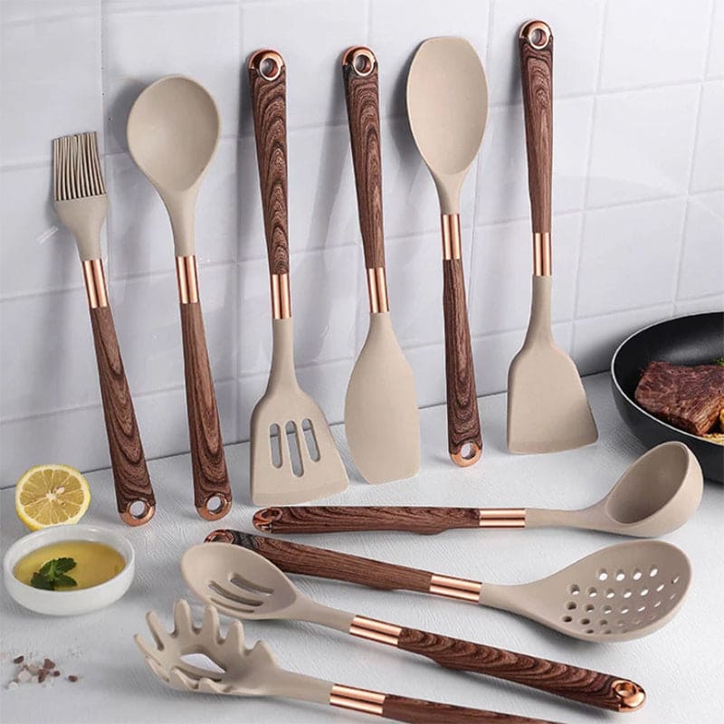 Skorter | Cook Set Eleganza – 10-piece Silicone Kitchen Set with Wooden Handle