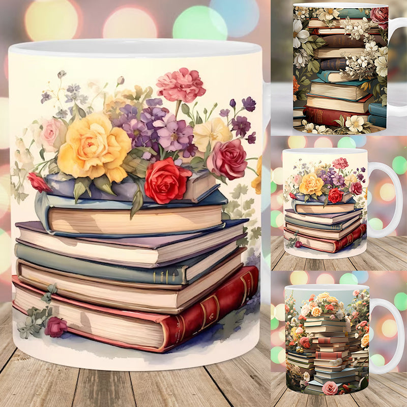 skorter | 3d Artistically Beautiful Floral Books Coffee Mug - Book Lover Gift