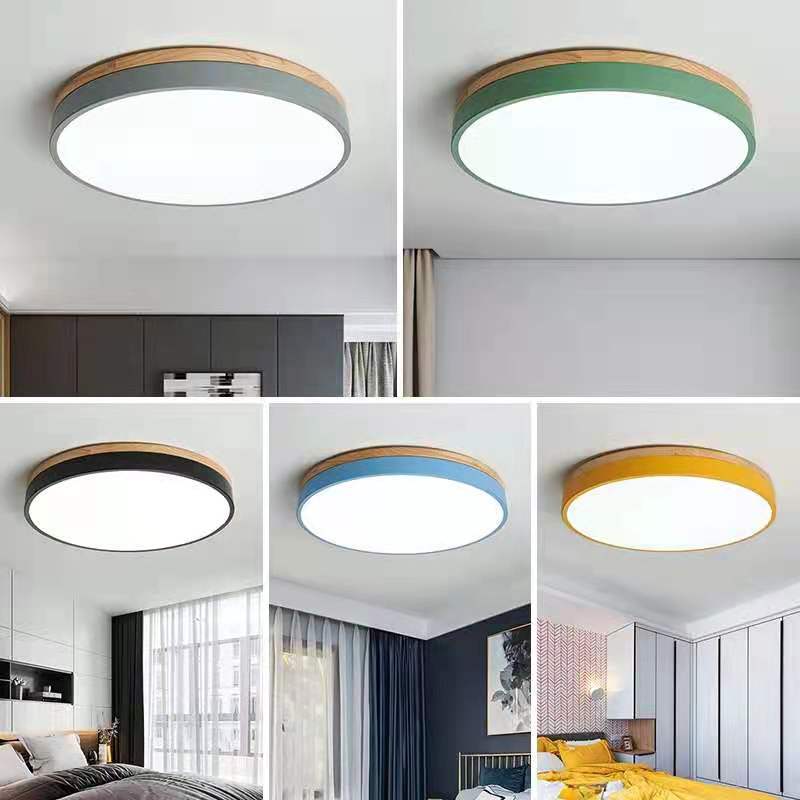 Skorter | Wooden Round Shape Flush Ceiling Light | LED. Solid Wood & Iron for Living Room. Dining Room & Hallway