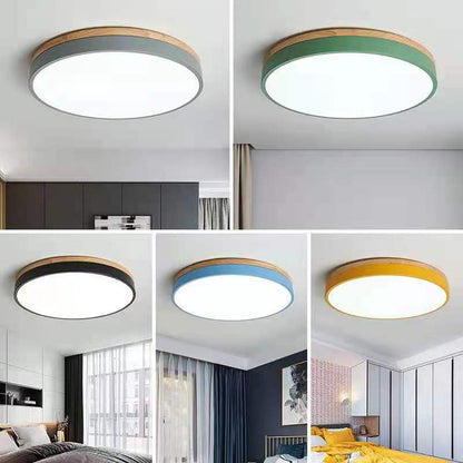 Skorter | Wooden Round Shape Flush Ceiling Light | LED. Solid Wood & Iron for Living Room. Dining Room & Hallway