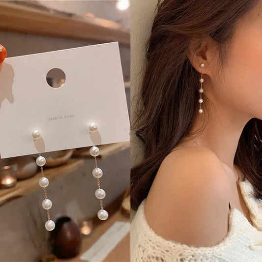 Skorter | Elegant Long Faux Pearl Chain Tasseled Dangle Earrings