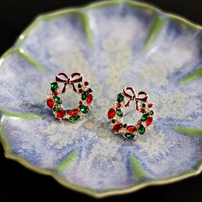 Skorter | Colorful Rhinestone Flower Wreath Christmas Stud Earrings