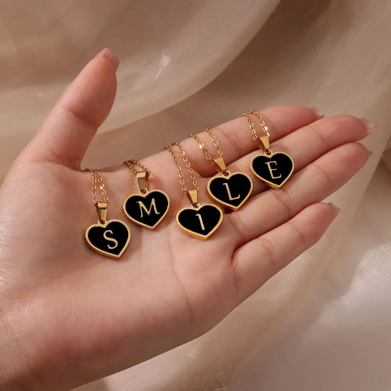 Skorter | Black Heart Initial Letter Pendant Necklaces For Women