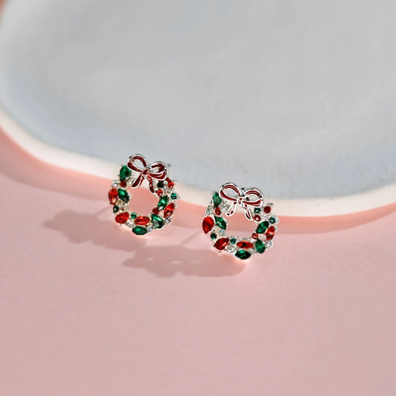 Skorter | Colorful Rhinestone Flower Wreath Christmas Stud Earrings