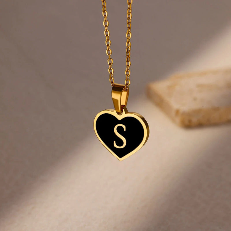 Skorter | Black Heart Initial Letter Pendant Necklaces For Women