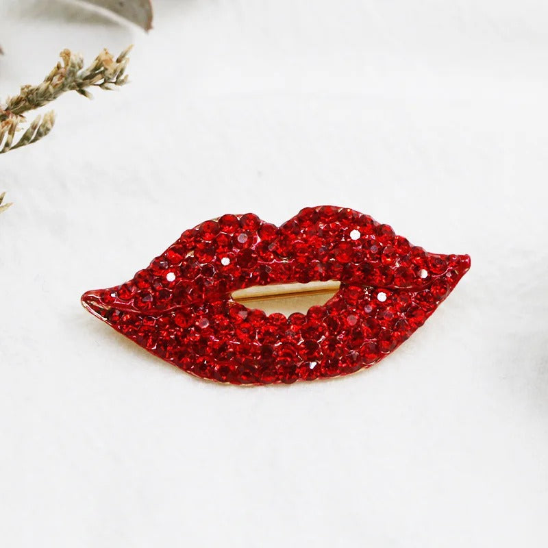 Skorter | Alluring Red Lips Brooch Pin Sparkling With Dazzling Rhinestones