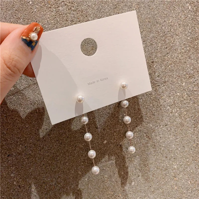 Skorter | Elegant Long Faux Pearl Chain Tasseled Dangle Earrings