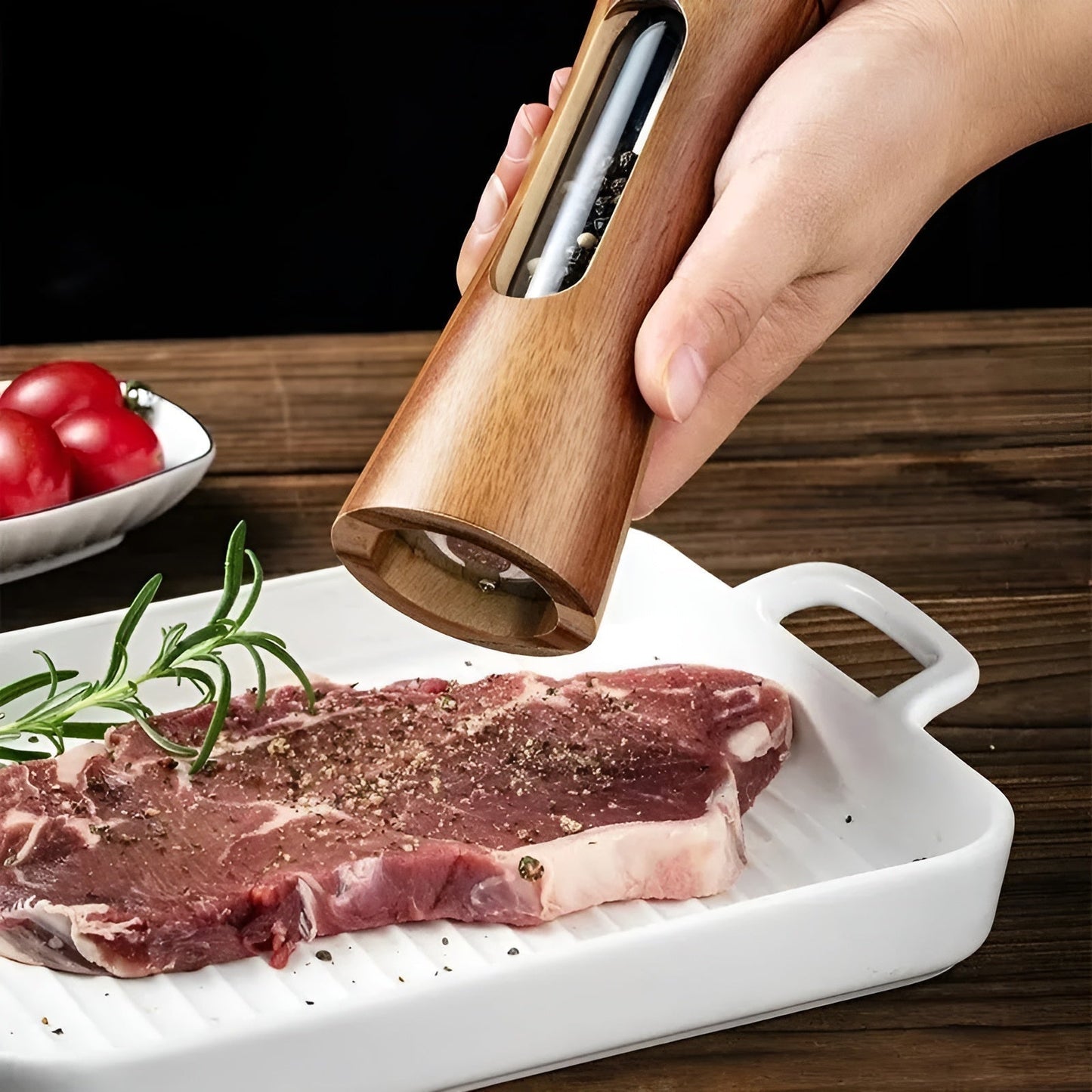 Skorter | SpiceCraft Manual Salt and Pepper Mill Set – Wooden Design with Acrylic Window Adjustable Grind Levels