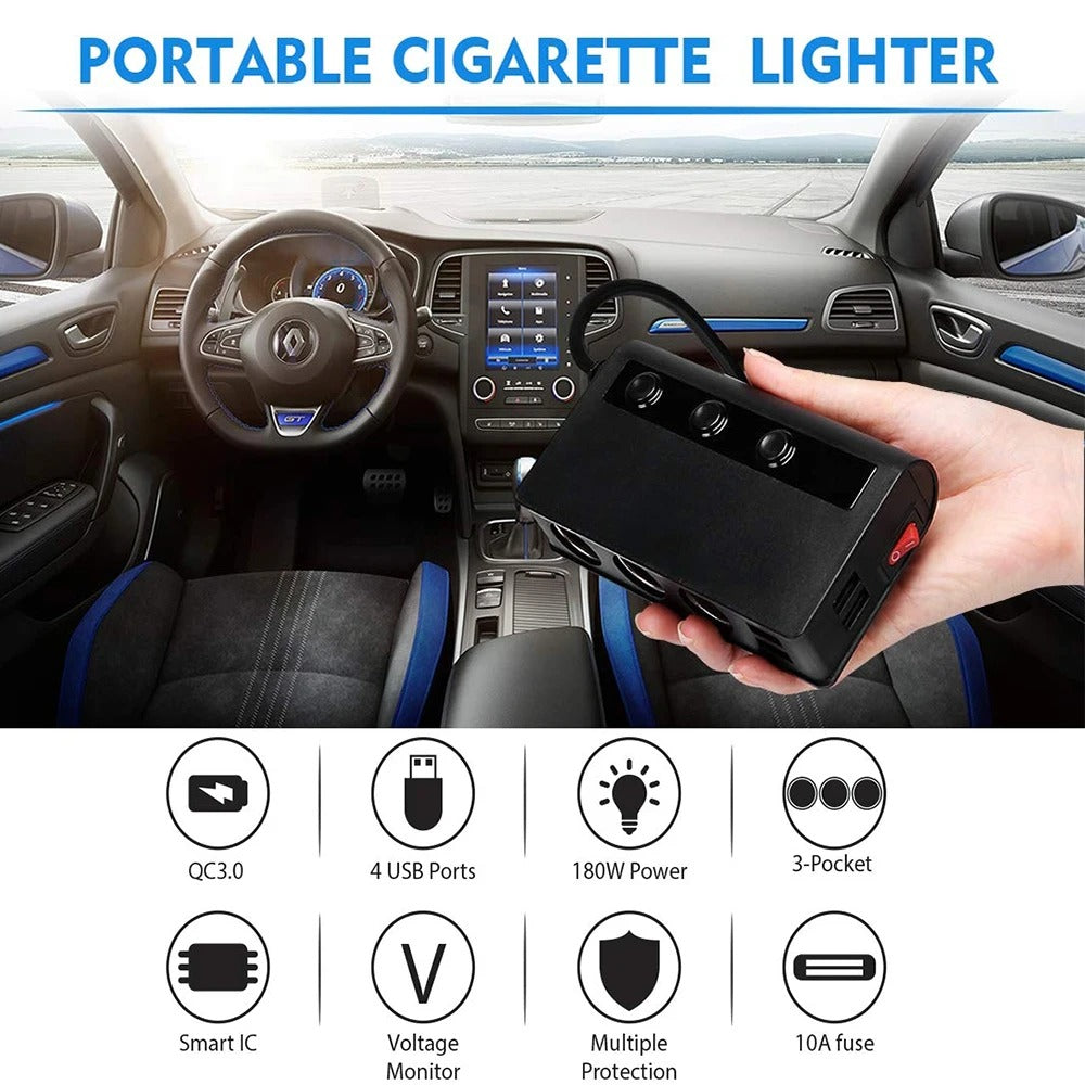 Skorter | 4-Port Car Fast Charger Adapter - Cigarette Lighter Sockets & USB Ports