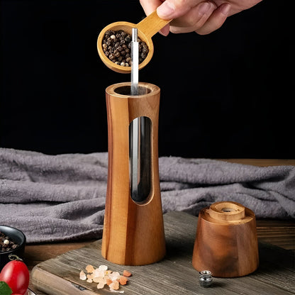 Skorter | SpiceCraft Manual Salt and Pepper Mill Set – Wooden Design with Acrylic Window Adjustable Grind Levels