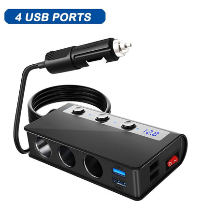 Skorter | 4-Port Car Fast Charger Adapter - Cigarette Lighter Sockets & USB Ports