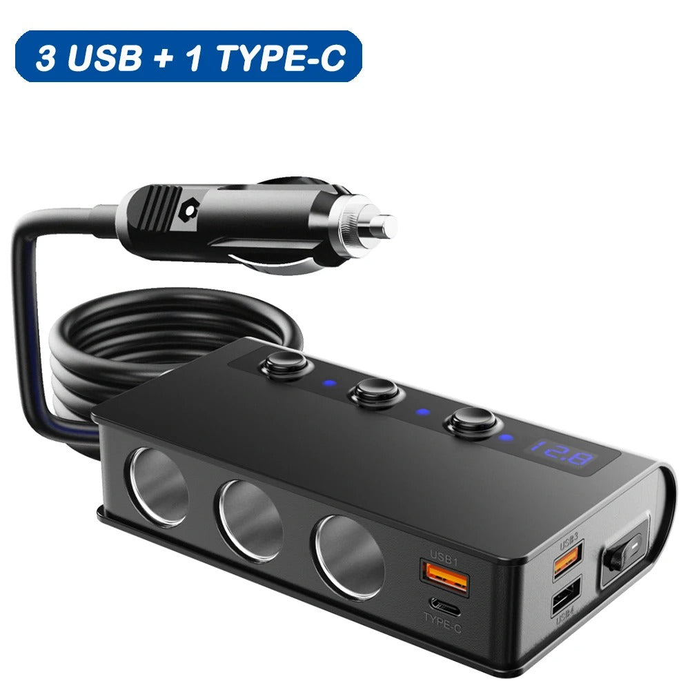 Skorter | 4-Port Car Fast Charger Adapter - Cigarette Lighter Sockets & USB Ports