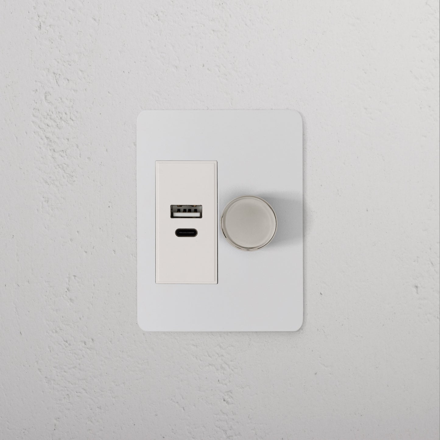 Skorter | 1G Two Way Dimmer + USB A+C Slimline Switch - Malbar Polished Nickel White