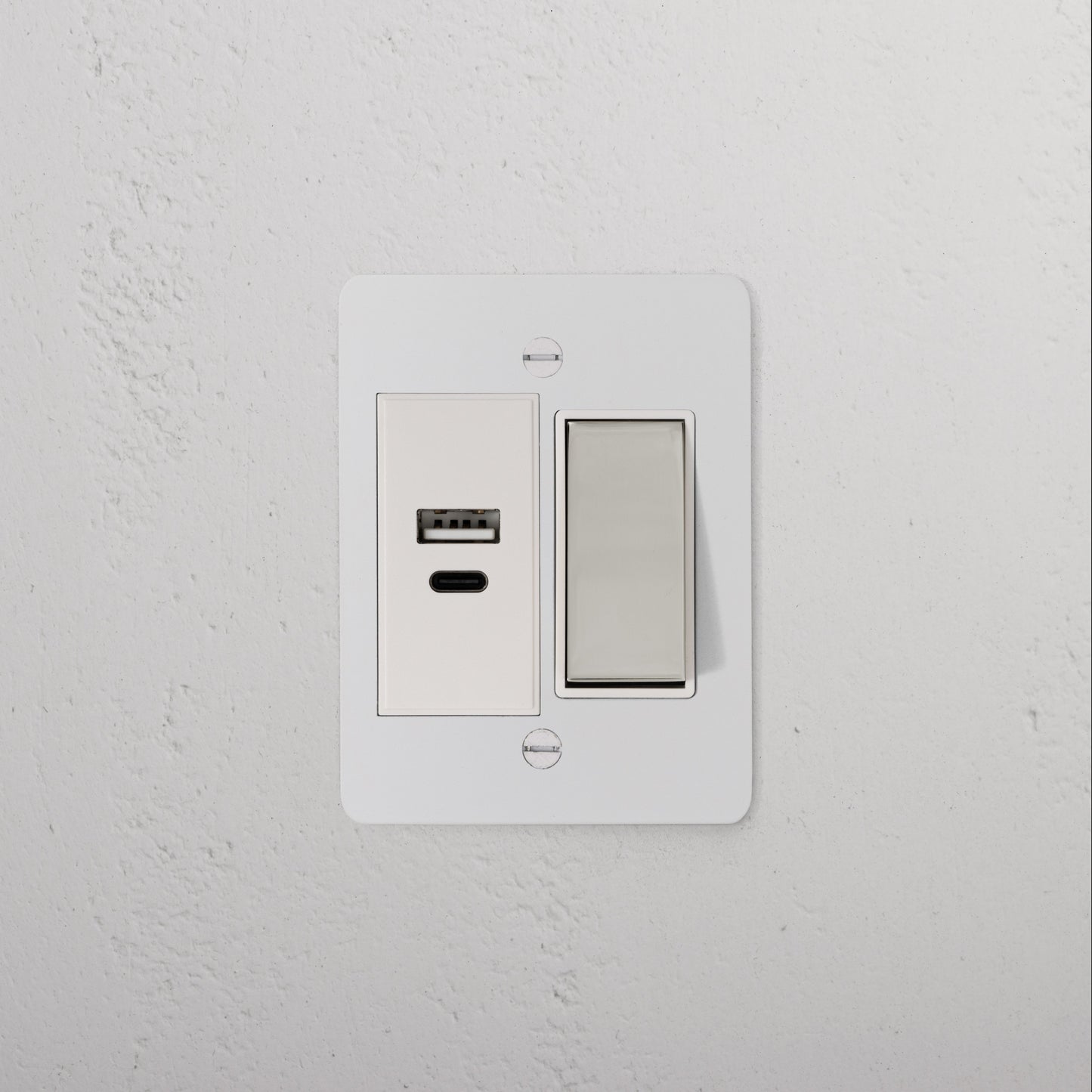 Skorter | 1G Two Way Rocker + USB A+C Slimline Switch - Malbar Polished Nickel White