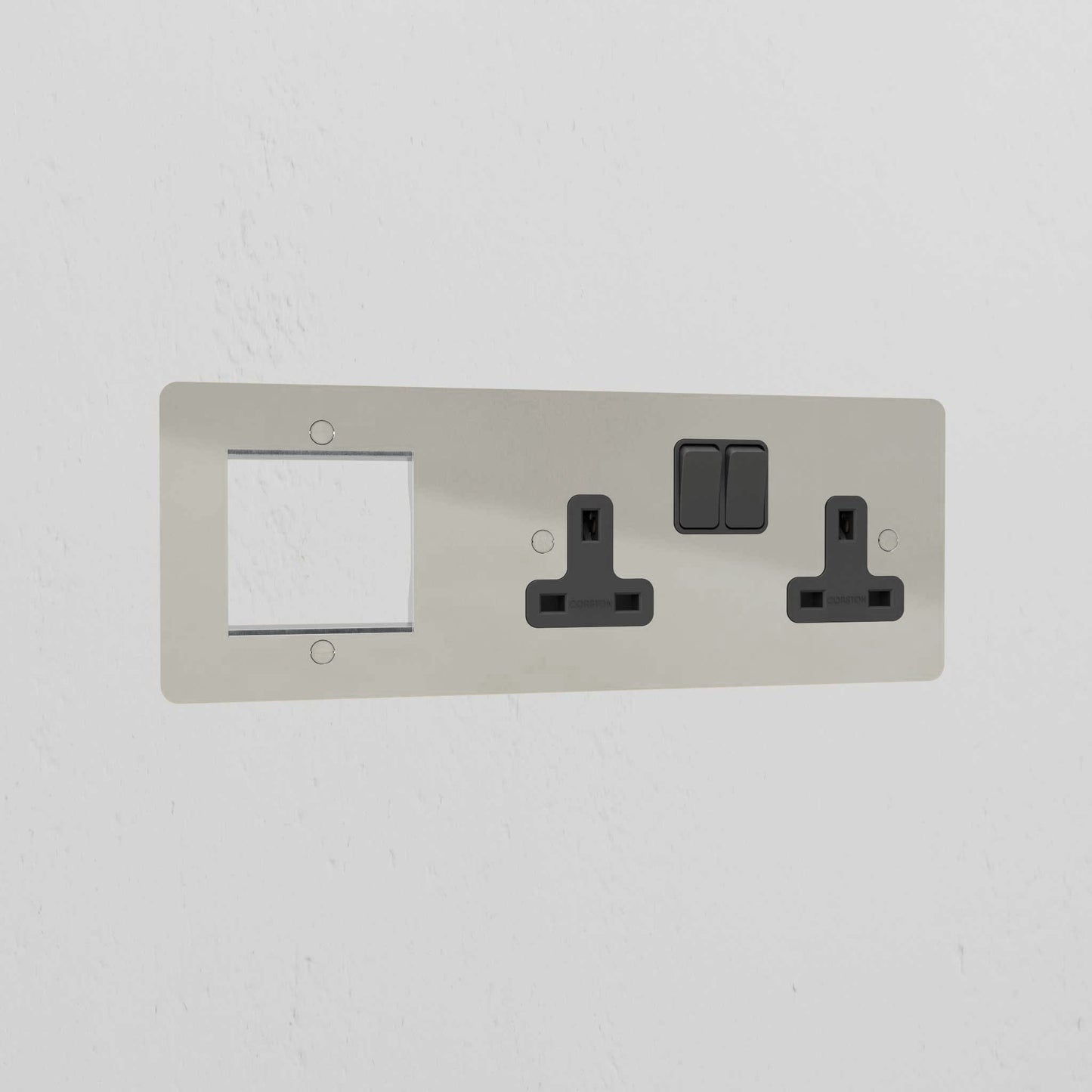 Skorter | 1G 50mm Module & Double Socket UK Plate - Polished Nickel Black