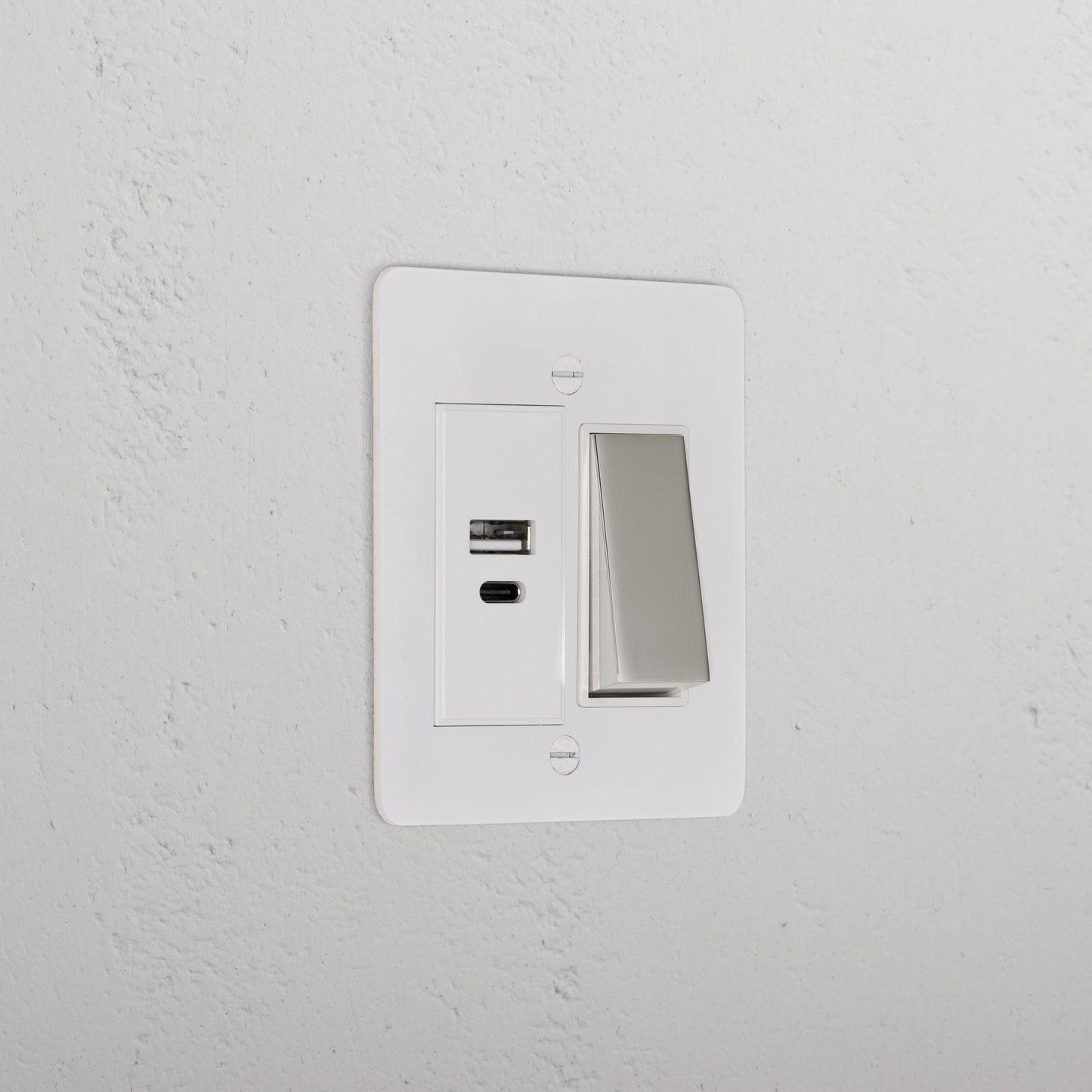 Skorter | 1G Two Way Rocker + USB A+C Slimline Switch - Malbar Polished Nickel White