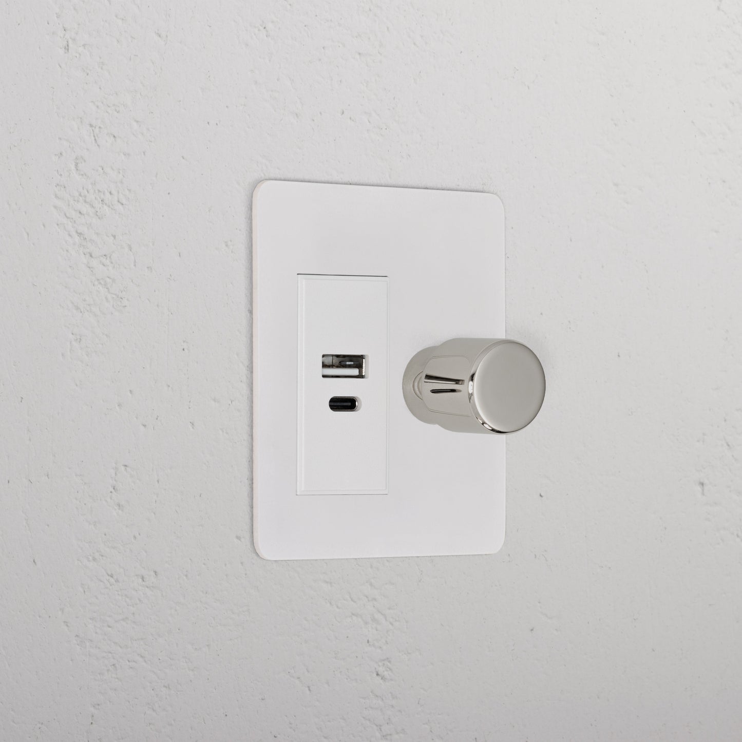 Skorter | 1G Two Way Dimmer + USB A+C Slimline Switch - Malbar Polished Nickel White