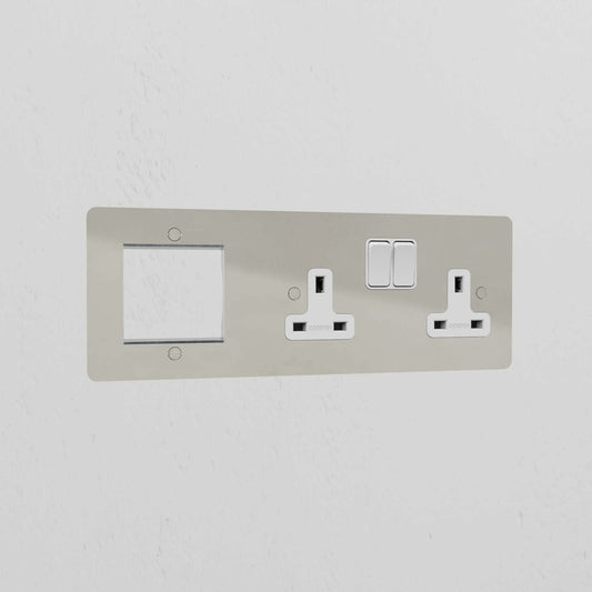 Skorter | 1G 50mm Module & Double Socket UK Plate - Polished Nickel White