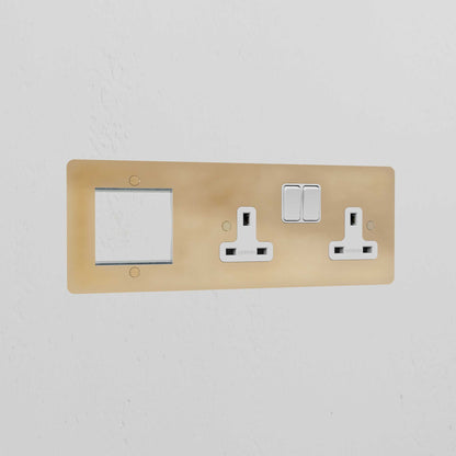 Skorter | 1G 50mm Module & Double Socket UK Plate - Antique Brass White