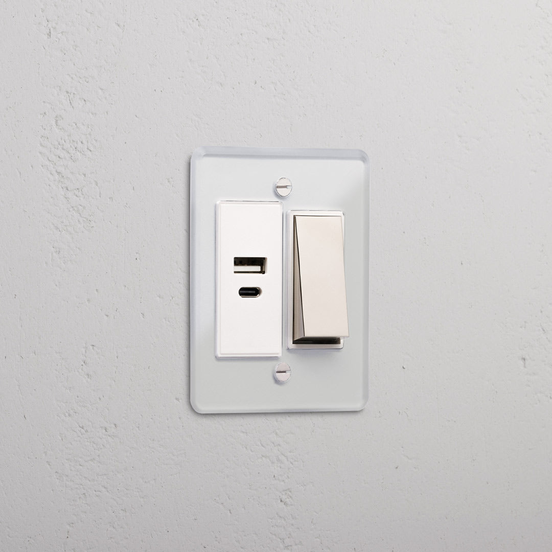 Skorter | 1G Two-way Rocker + USB A+C Slimline Switch - Clear Polished Nickel White