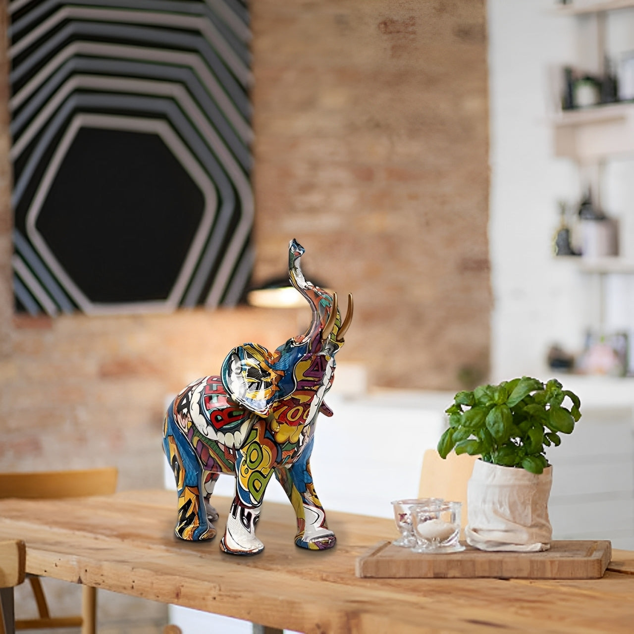 Skorter | Abstract Elephant Statue – Colourful African Design with Raised Trunk for Good Luck