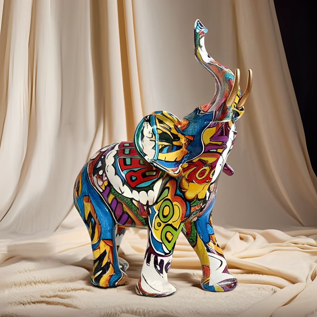 Skorter | Abstract Elephant Statue – Colourful African Design with Raised Trunk for Good Luck