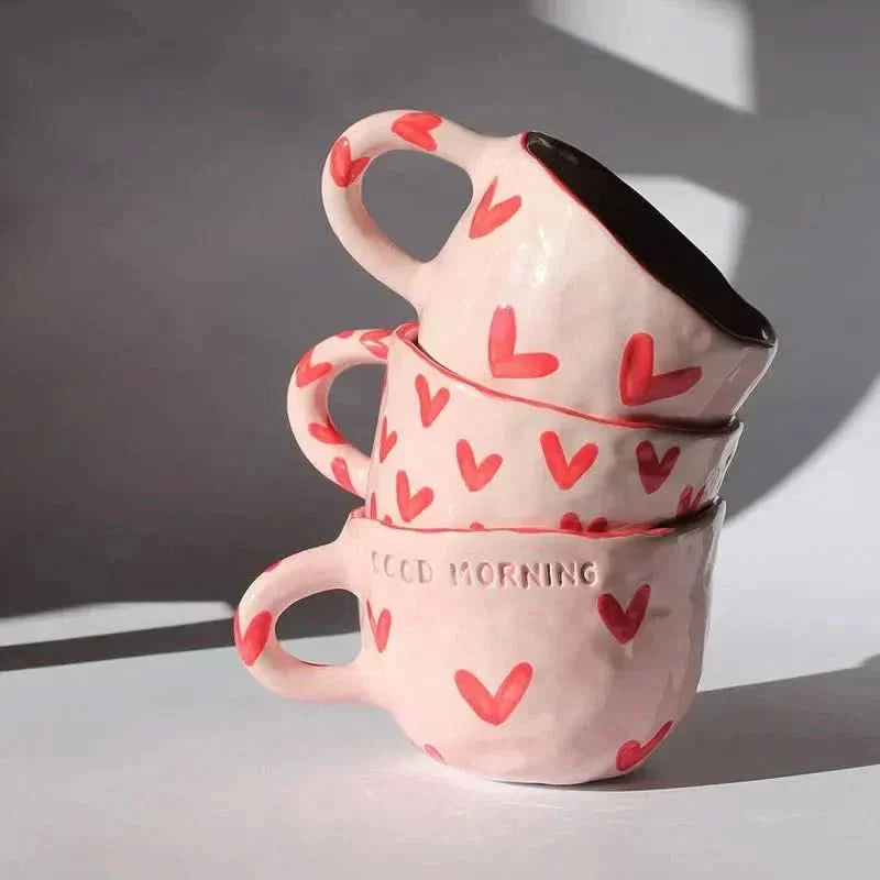 Skorter | Ceramic Coffee Mug with Pink Heart Design – 220ml Cup