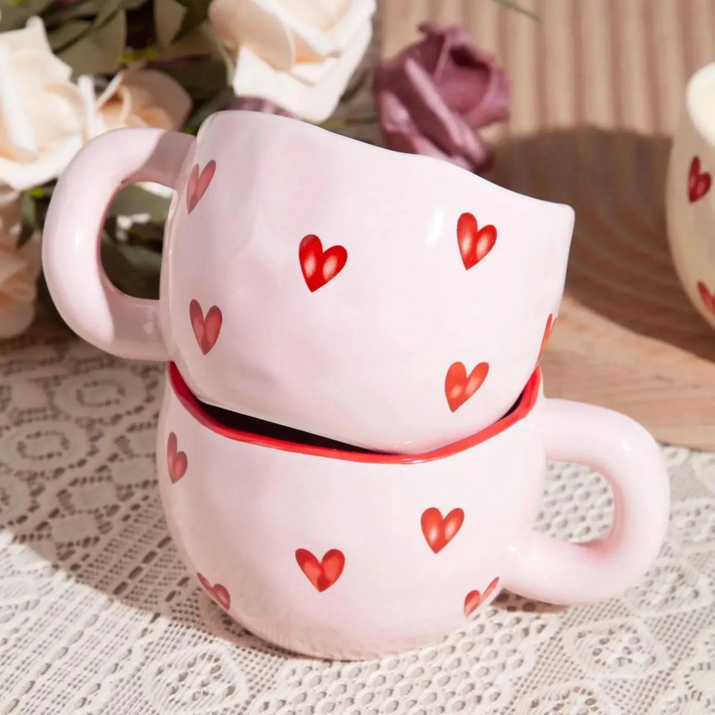 Skorter | Ceramic Coffee Mug with Pink Heart Design – 220ml Cup