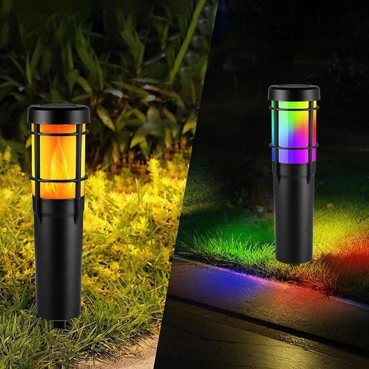 Skorter | Solar Path Lights for Outdoor Use, with Flickering Flame and RGB Color Changing, LED Solar Outdoor Lights for Yard, Garden, Path, Lawn - IP65 Waterproof