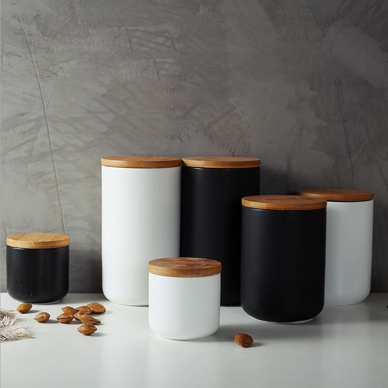 Skorter | BambooNest Ceramic Storage Boxes with Bamboo Lid | Stylish Storage | Perfect for Kitchen & Bathroom | Available in White & Black