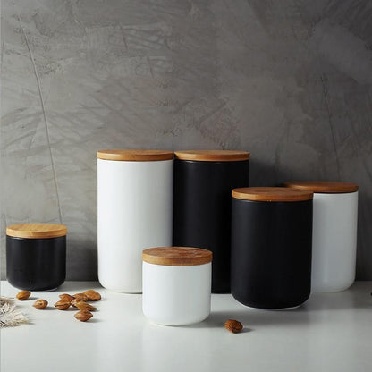 Skorter | BambooNest Ceramic Storage Boxes with Bamboo Lid | Stylish Storage | Perfect for Kitchen & Bathroom | Available in White & Black