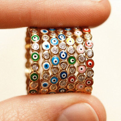 Skorter | Bohemian Rainbow Evil Eye Rhinestone Filled Gold Rings