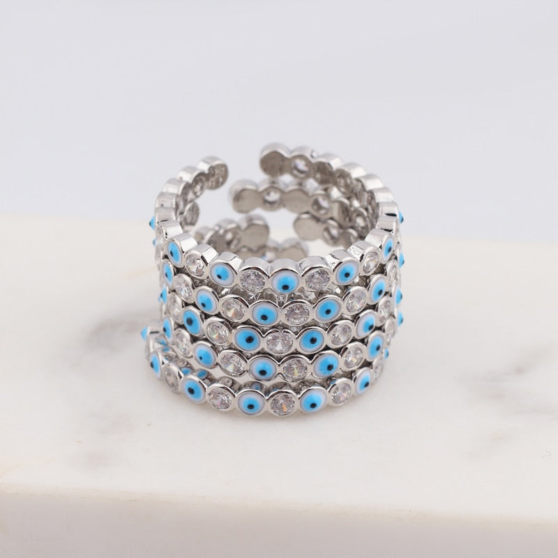 Skorter | Bohemian Rainbow Evil Eye Rhinestone Filled Gold Rings