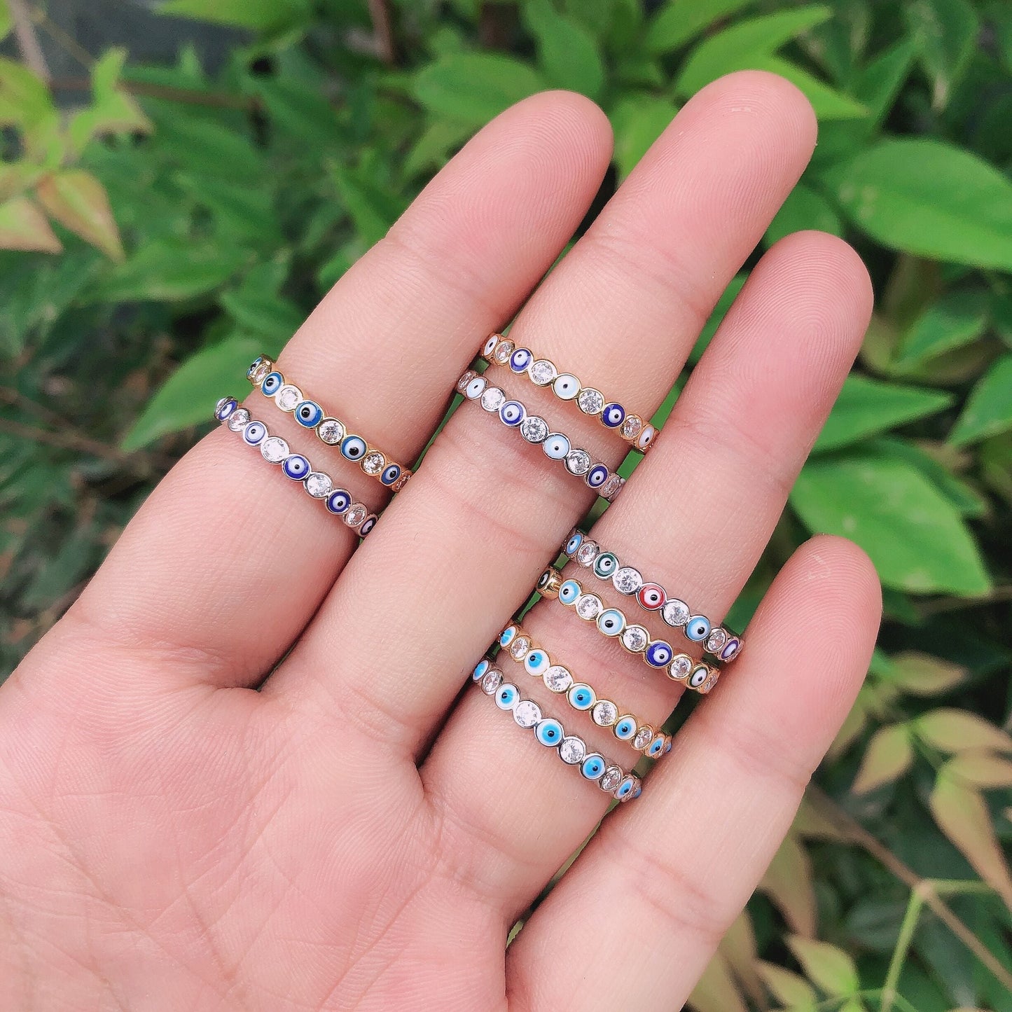 Skorter | Bohemian Rainbow Evil Eye Rhinestone Filled Gold Rings