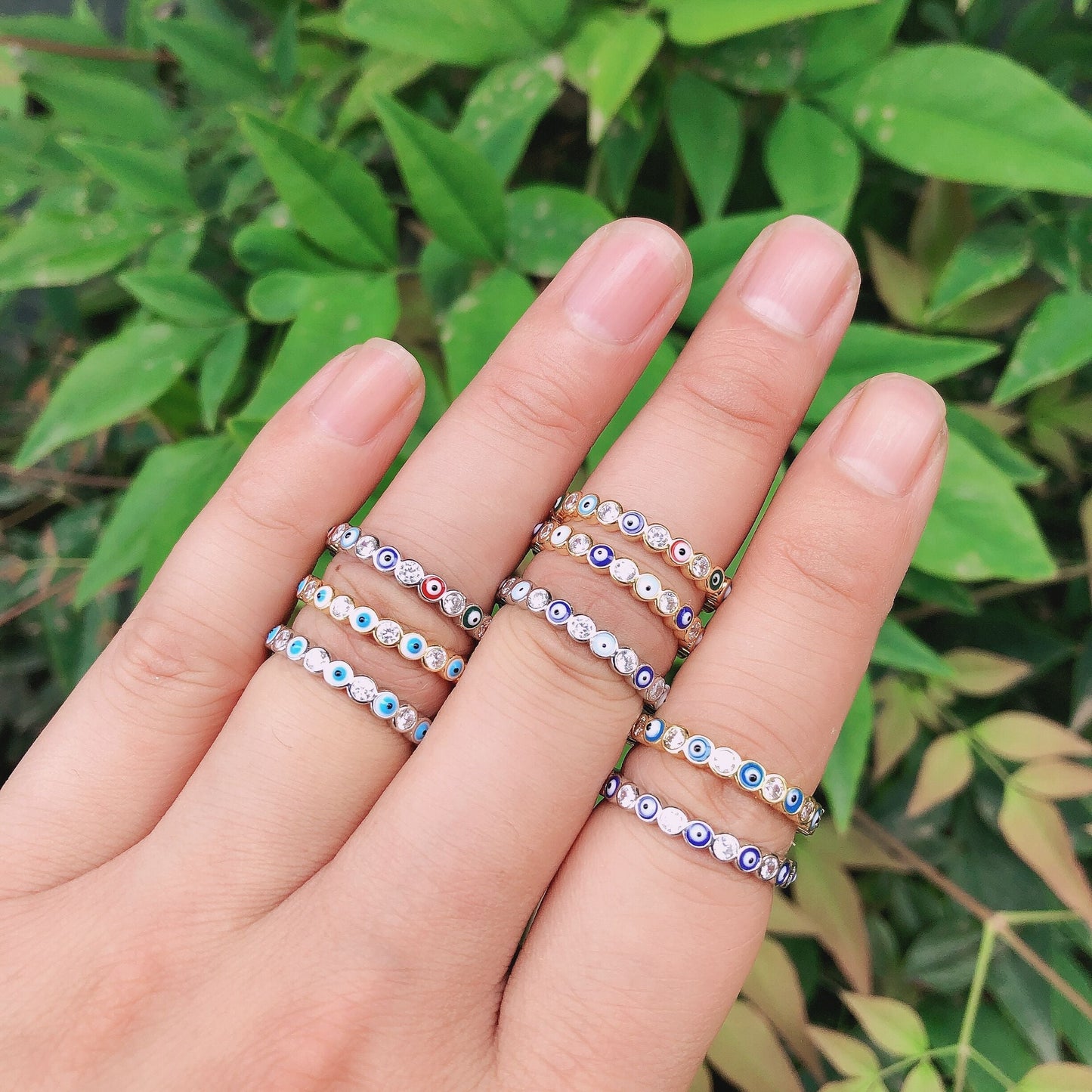 Skorter | Bohemian Rainbow Evil Eye Rhinestone Filled Gold Rings