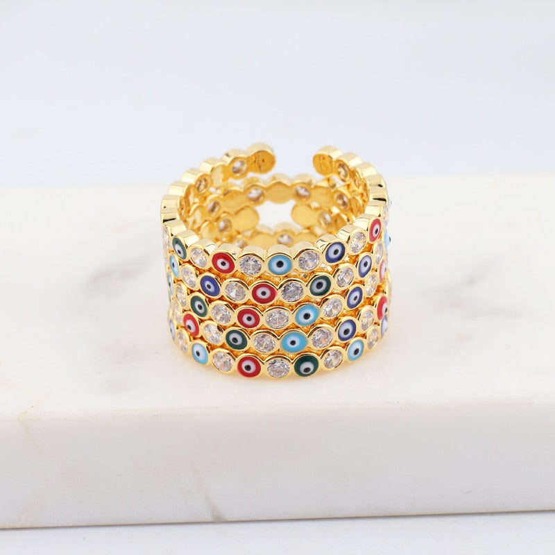 Skorter | Bohemian Rainbow Evil Eye Rhinestone Filled Gold Rings